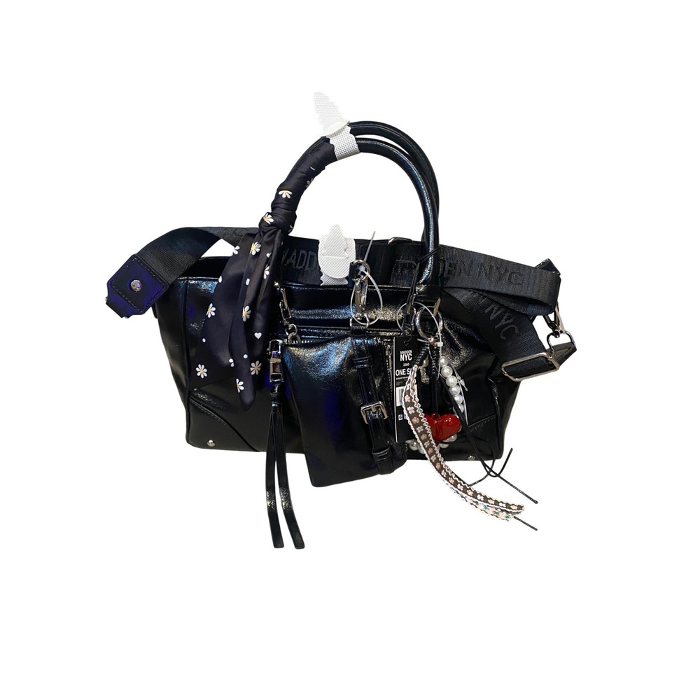 Madden NYC Slouchy Top Handle Satchel Black Patent Handbag with Charms Scarf NWT